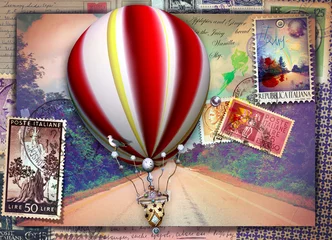 Gordijnen Vintage ansichtkaart met laan, luchtballon en oude postzegels © Rosario Rizzo