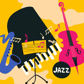 Jazz music festival colorful poster with music instruments. Saxophone, violoncello, piano and music stand flat vector illustration. Jazz concert