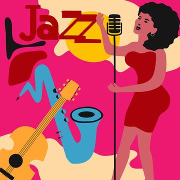 Jazz music festival colorful poster with music instruments and woman singer. Female singer with guitar and saxophone flat vector illustration. Jazz concert