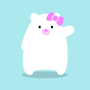 Illustration of a kawaii white polar bear cub waving “hello” just wearing a cute pink bow over a blue background.