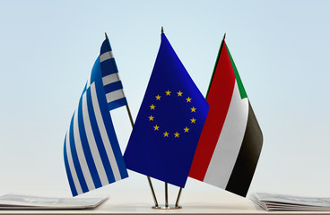 Flags of Greece European Union and Sudan