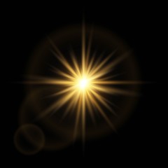 Golden abstract explosion bokeh light rays and sparkles. Isolated on a black background. Empty space for text. Detailed vector illustration.