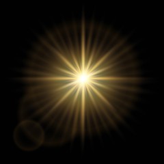 Golden abstract explosion bokeh light rays and sparkles. Isolated on a black background. Empty space for text. Detailed vector illustration.