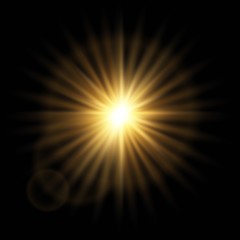 Golden abstract explosion bokeh light rays and sparkles. Isolated on a black background. Empty space for text. Detailed vector illustration.