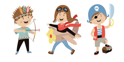 character child. children's games. pilot with a plane, a pirate with a saber. The Indian shoots arrows. vector