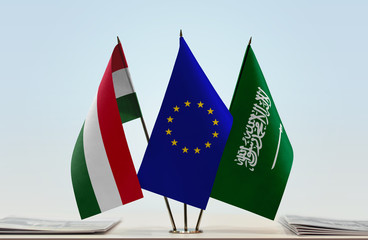 Flags of Hungary European Union and Saudi Arabia