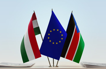 Flags of Hungary European Union and South Sudan
