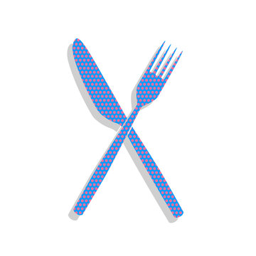 recommend clip art: Fork and Knife sign. Vector. Neon blue icon with cyclamen polka 