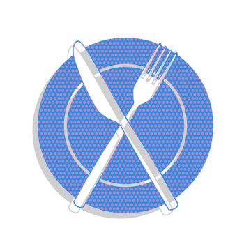 recommend clip art: Fork, Knife and Plate sign. Vector. Neon blue icon with cyclamen