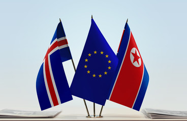 Flags of Iceland European Union and North Korea