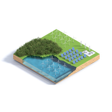 Isometric view windmill and solar panels concept. 3D illustration