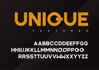 Unique vector grunge textured industrial display typeface, upper