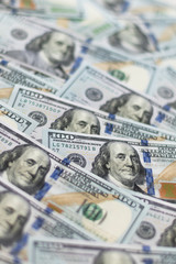 One hundred dollars, new 100 US dollar, background of money. Concept finance, investments, deposits.