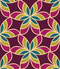 Seamless pattern morrocan ornament. Floral textile print. Islamic vector design. Oriental background with abstract flowers. Hexagonal trefoil swatch. Stained glass vitrage.