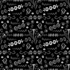 A seamless pattern of elements for design and decoration. Abstraction. Black and white drawing.