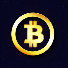 Golden bitcoin on purple background.