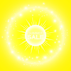 Super summer sale banner with sun on the yellow background. Business seasonal shopping concept, vector