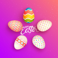Colorful painted easter eggs on shiny pink background.