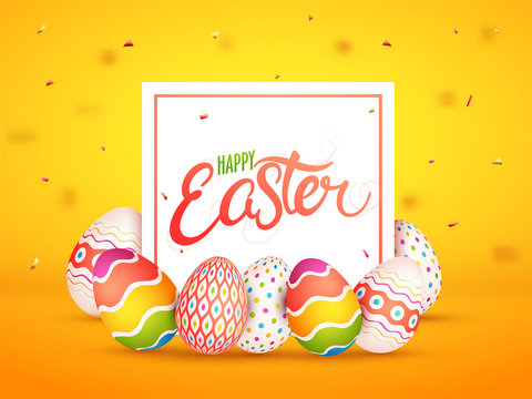 Colorful painted eggs on yellow background, Happy Easter Concept.