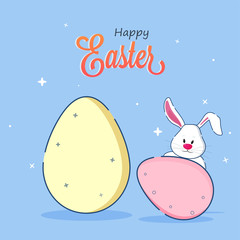 Happy Easter Concept with Cute Rabbit and Eggs on sky blue background.