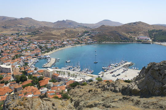 Myrina town harbor on island Limnos in Greece. Panorama of small bay port.