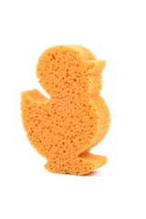 Duck shaped bath sponge isolated on white background, surface. Orange bathing sponge.