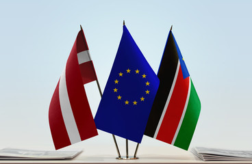Flags of Latvia European Union and South Sudan