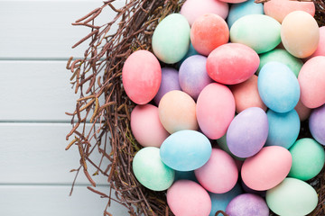 Pastel Easter eggs background. Spring greating card.