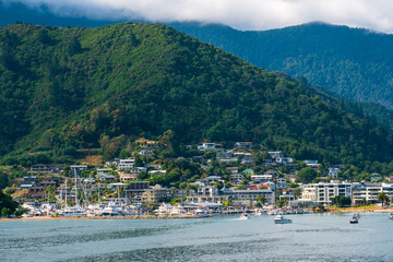 Fototapeta na wymiar Beautiful landscape of blue ocean and City of Picton among the green nature.