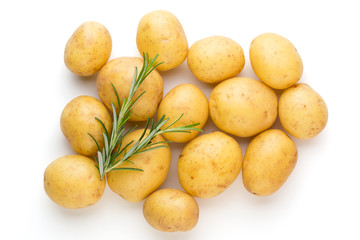 New potato and rosemarin isolated on white background close up.