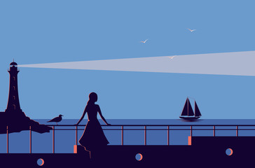 Woman on pier looks at sailboat at sea. 