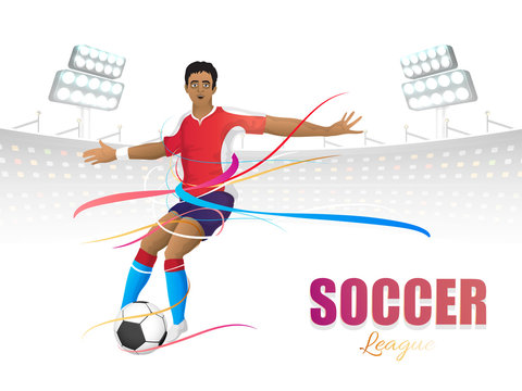 Soccer league concept with footballer kicking soccer ball on colorful abstract background.