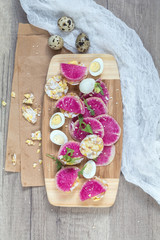 Tasty nutritious grain breads with red radish.