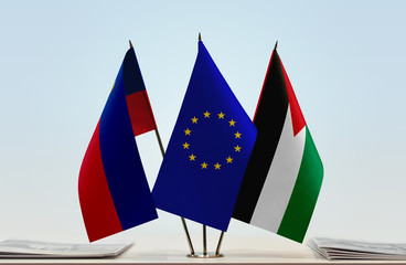 Flags of Liechtenstein European Union and Palestine