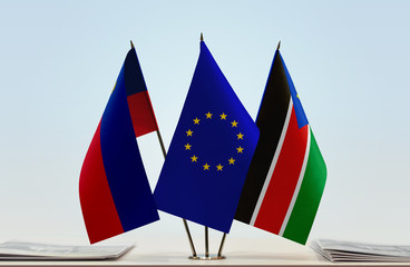 Flags of Liechtenstein European Union and South Sudan