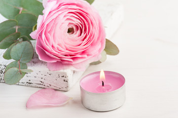Fototapeta na wymiar Pink buttercup flower with lit candle