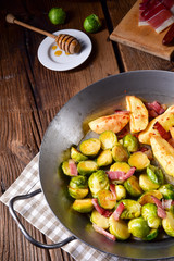 Brussels Sprouts with ham ,honey and roasted potatoes