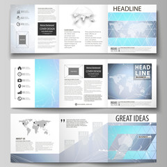 The minimalistic vector illustration of the editable layout. Three creative covers design templates for square brochure or flyer. Polygonal texture. Global connections, futuristic geometric concept.