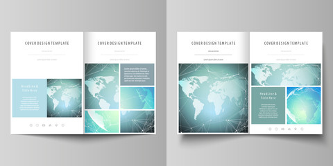 The minimalistic vector illustration of editable layout of two A4 format modern covers design templates for brochure, flyer, report. Chemistry pattern, molecule structure, geometric design background.