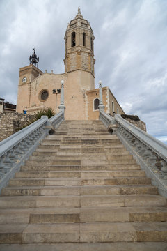  Church of Sant Bartomeu and Santa Tecla, baroque style, in catalan village of Sitges, province Barcelona, Catalonia, Spain.