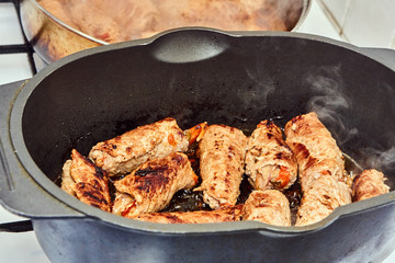 pork slips fried in roasting pan - traditional Polish dish.
