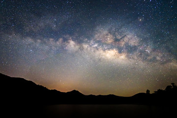 Beautiful landscape mountains and lake in the night with Milky Way background, Chiang mai , Thailand