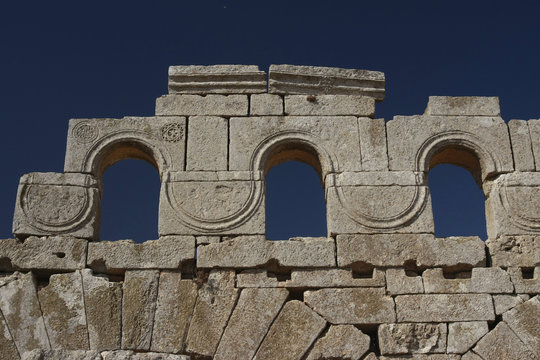 Facade detail from the ruined Byzantine church in Brad, Syria