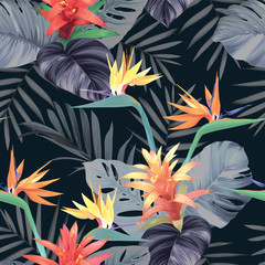 Beautiful seamless pattern with guzmania flowersand palm leaves on black background. Vector set of blooming tropical floral for wedding invitations, greeting card and fashion design.