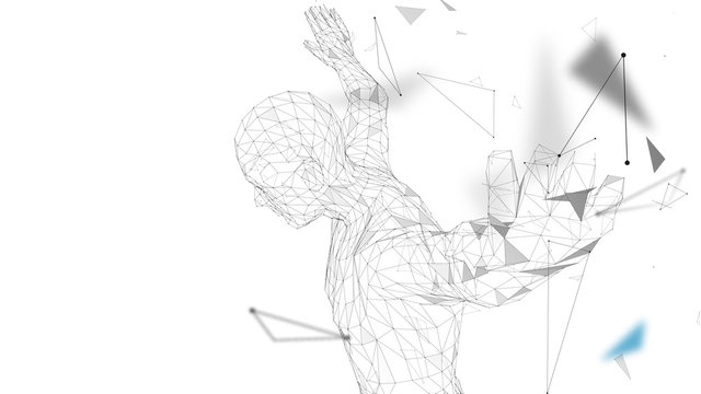 Conceptual abstract man getting ready to jump. Connected lines, dots, triangles, particles. Artificial intelligence concept. High technology vector, digital background. 3D render vector illustration.