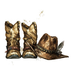 Cowboy Boots and Hat. Watercolor Illustration. 