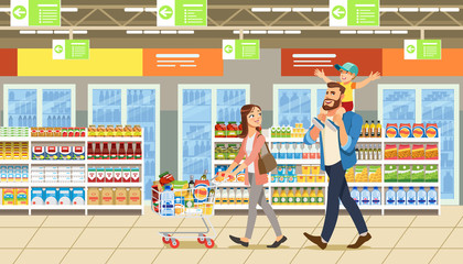 Family shopping in supermarket with product cart. Fun  cartoon characters. Parents and child at shop