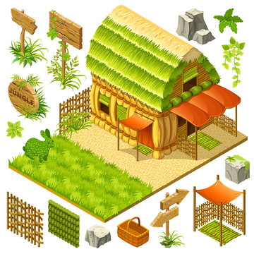 Set 3d isometric straw cottage with wicker fence and elements for the landscape for computer games. Vector cartoon illustration.