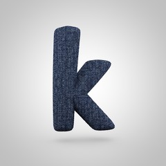 Jeans letter K lowercase with blue denim texture isolated on white background.