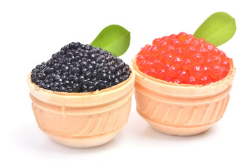 Black and red caviar on a white background